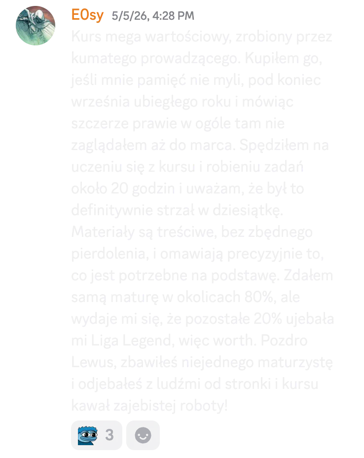 Opinia kursanta o wartości kursu i wyniku około 80% na maturze